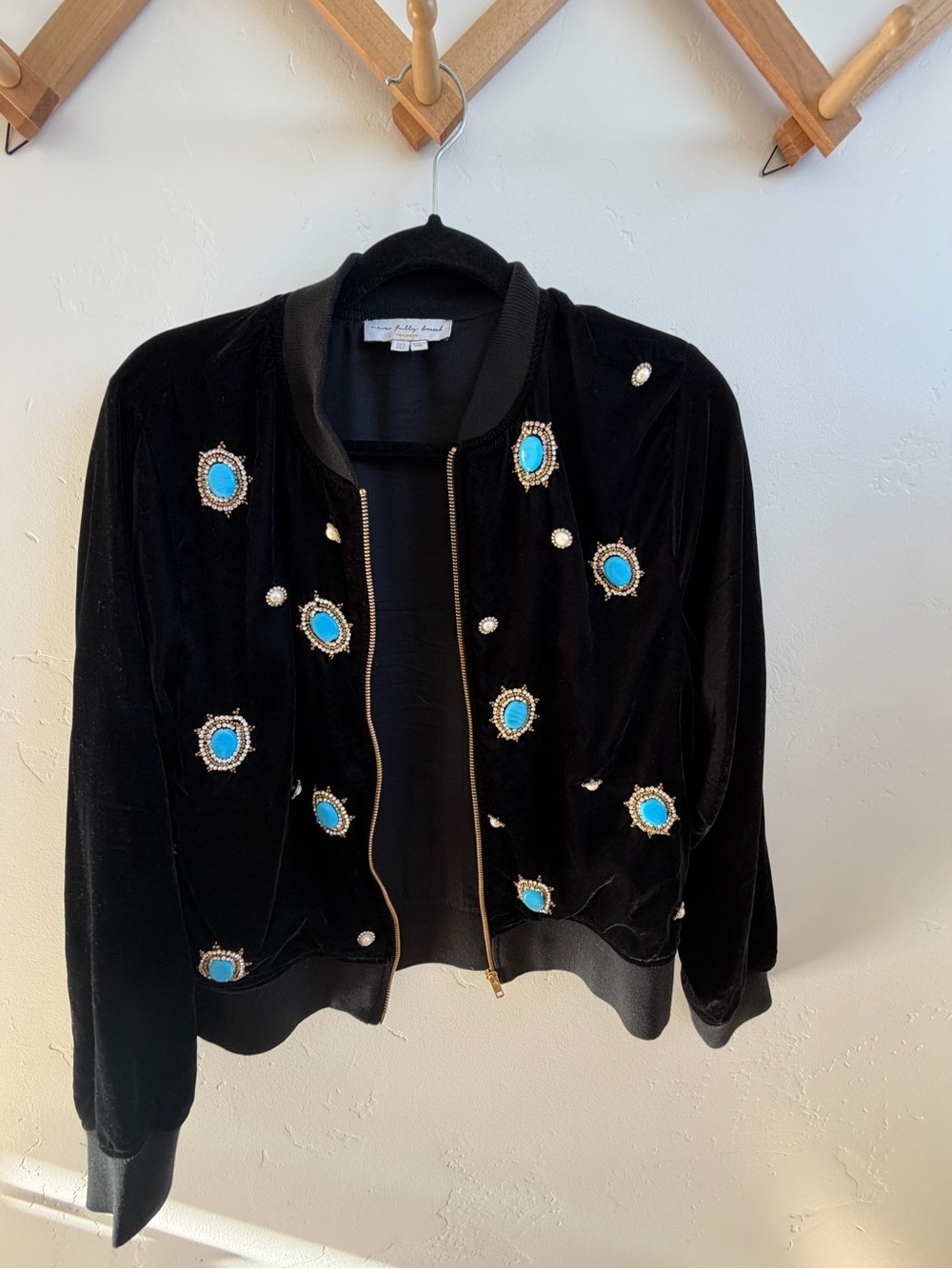 Never Fully Dressed Black Velvet Bomber Jacket with Turquoise Embellishments